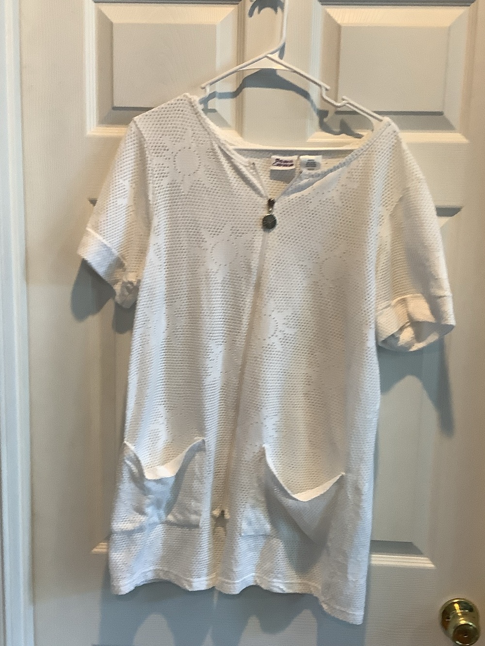 Women’s White Crochet Swim Coverup Tunic, full‎ zip